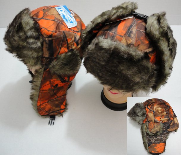 Aviator HAT with Fur Trim--Orange Camo